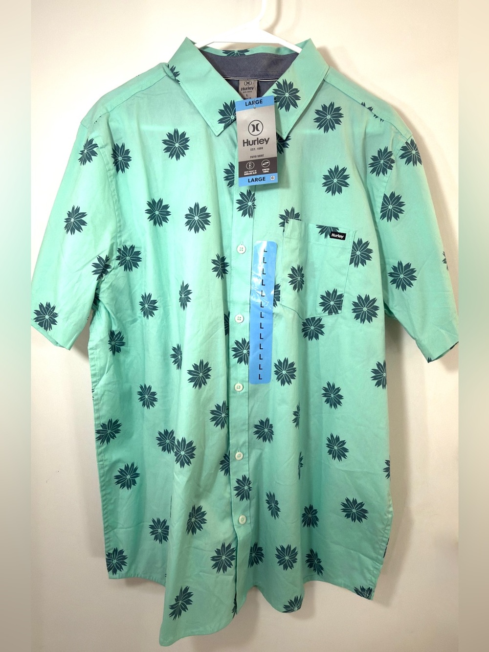 Hurley Men's Mint Green Short-Sleeve Printed Shirt Large